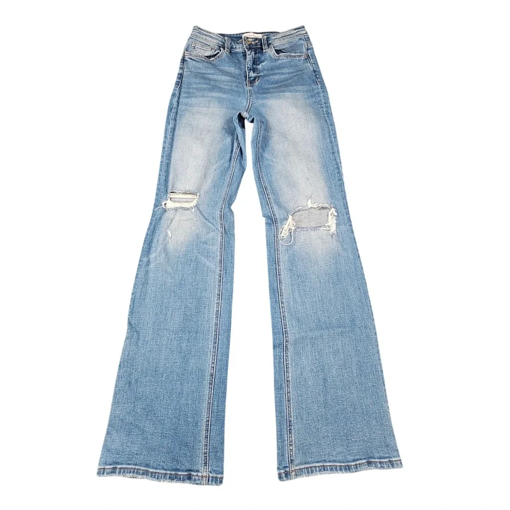 Flying Monkey Wide Leg Flare Jeans Womens 25 High Rise Distressed Shredded Knee